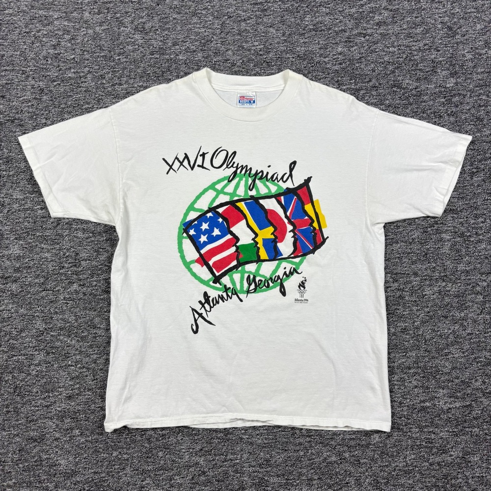 Vintage 90s Hanes Beefy 1996 Atlanta Olympics White Graphic T-Shirt Men's XL
